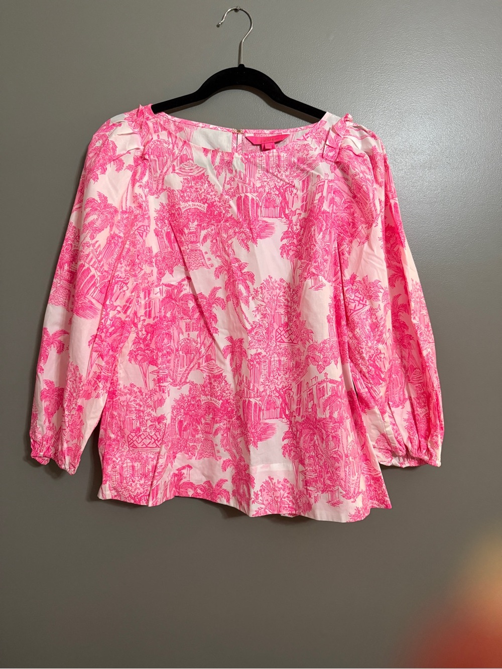 Lilly Pulitzer Pink & White Scenic Print Palm Beach, FL Puff-Sleeve Blouse
